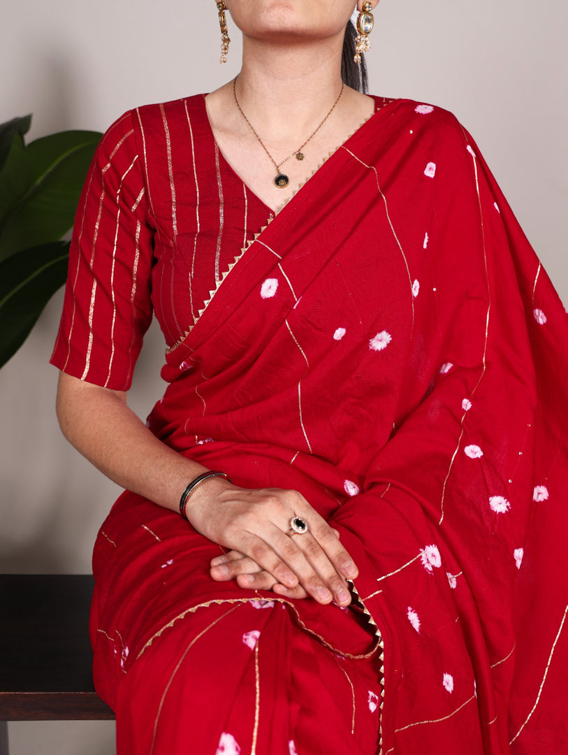 Beautiful Viscose chanderi saree in chilli red shade with Sequins along zari line and gota patti lace border n Most Famous Saree in Durga Puja ,Of Under 1499 .