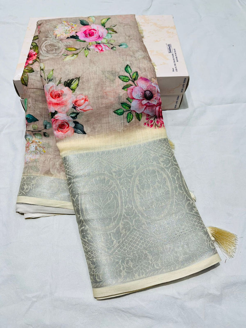 This Saree Beige (Pich) Linen Cotton Sarees With Price and Online shopping Price Under 2000 .  This Saree Fabric Flowers ad RIch Pallu this Saree Zari Weaving Work .