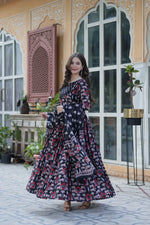 Load image into Gallery viewer, Black Printed Pure cotton three-piece Anarkali 52" half-lined top with fancy neckline, 40" elastic-waist bottom (adjustable 32-44), and 2.20m dupatta - Shop Now Shoppers Trend