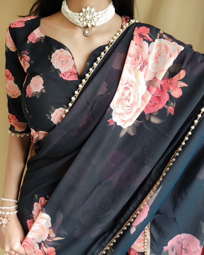 Elegant black georgette saree with zari weaving , Party wear black saree with blouse piece , Classic black zari saree for festive look , 
Black georgette saree with machine wash care , Black weaving saree for women under ₹1000 , Trendy black georgette saree with zari work .