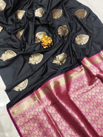 Load image into Gallery viewer, Pure Black Lichi Silk Saree Original Most Popular And Famous Lichi Silk Saree Traditional Look and Fashion Designer Look For Weddings price Under 1500 .