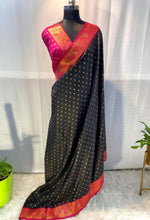 Load image into Gallery viewer, Black Color Pure Soft Paithani Silk Sarees With Price and Online Shopping Price Under 1500 . This Fabric Black Saree and Rani Color Blouse Authentic Look This Design and Embroidery Tipki Design and Rich Border Zari Weaving Work . Traditional Look For 2024-25 , 2025-26 .
