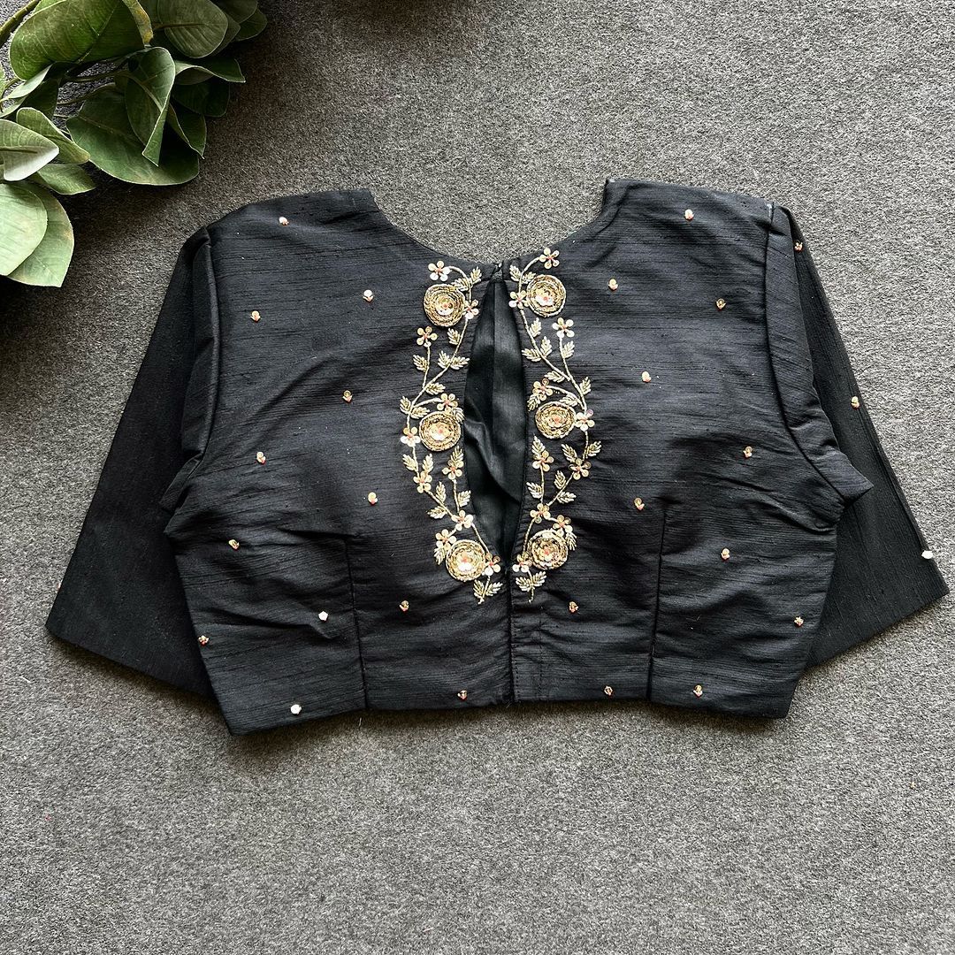 Black Elzara Slik Stitched Blouse With Price and Online Shopping Price Under 1500 .  this Fabric Heavy Silk and Elzara Silk With Embroidery work and Heavy Work , This Fabric Height 15 inch and 10 Inch Sleeve, Traditional Look For 2025-26 .