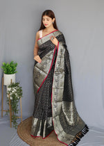 Load image into Gallery viewer, Black Silk With Zari Weaving Work Silk Sarees Price and Online Shopping Price Under 2000 . this Fabric Silk Saree With Fully Silver Zari Weaving Work and Rich Pallu This Fabric Sarees.