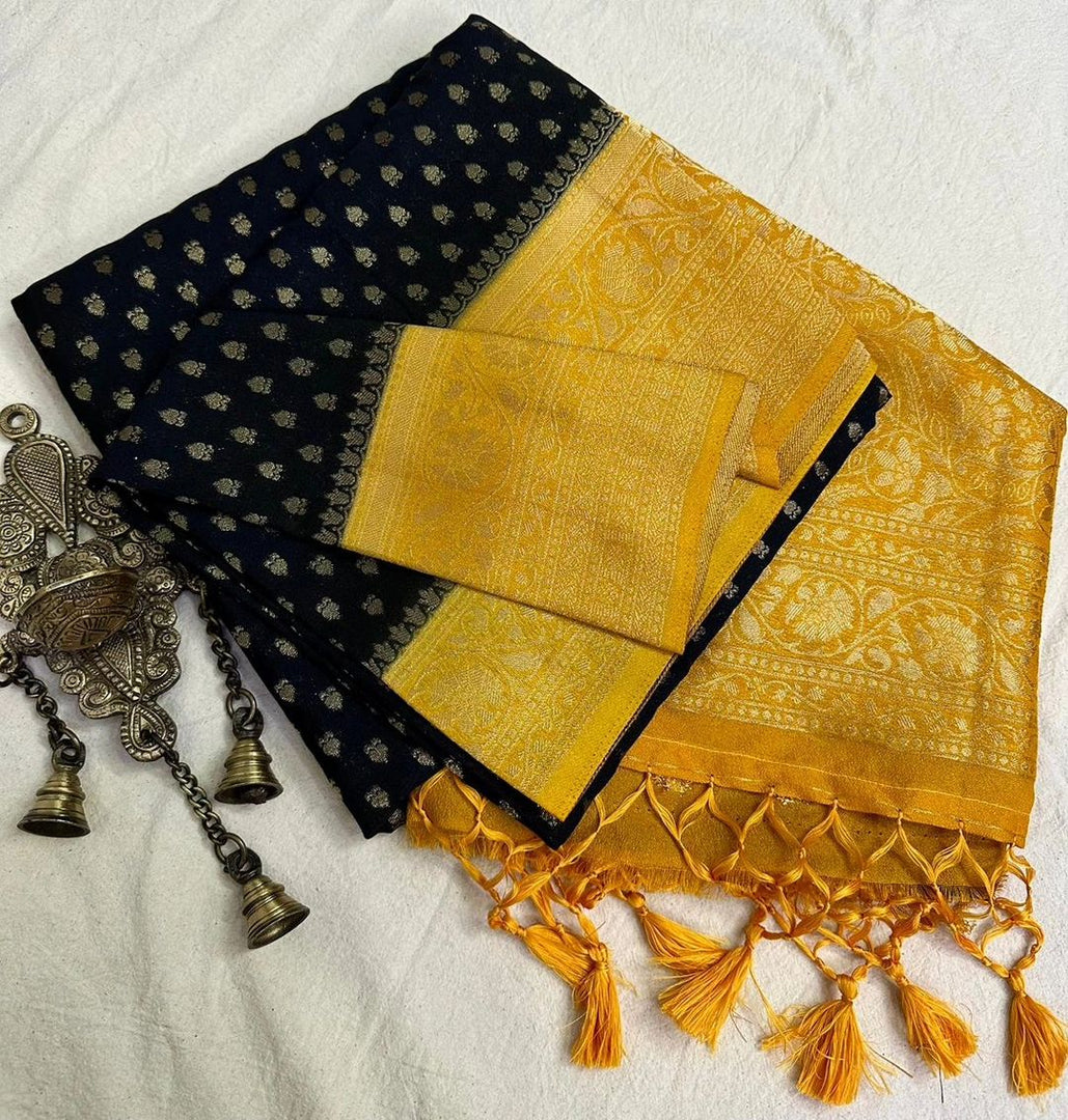 Black Viscose Silk Sarees with Shoppers Trend . Black Saree Fabric with Silver Zari Weaving and Yellow Border With Jumka Black saree Traditional Look For Saree..