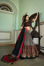 Load image into Gallery viewer, Black With Gray Color Tussar Silk Fabric Langa Voni , Davani Set , Half-Saree and Dhavani Sets With Price and Online Shopping Price Under 2500 . this Fabric Black Color Dhavani Set Fine Color and Heavy Lehenga Best Weddings Wear Collection , Traditional Look For 2024-25 , 2025-26 .