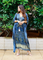Load image into Gallery viewer, Buy Gaji Silk Kaftan Online , Designer Kaftan Dress for Women , Luxury Silk Kaftan for Summer ,Traditional Kaftan Dress for Festive Season , Elegant Partywear Kaftan with Lace Detailing .