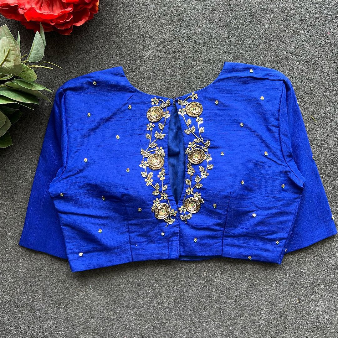 Blue Color Elzara Silk Stitched Blouse With Price and  Online Best Choise Shopping Price Under 1500 . This Fabric Heavy Silk and Elzara Silk With Embroidery Work and Heavy Work , This Fabric Height 15 inch and 10 Inch Sleeve, Traditional Look For 2025-26 .