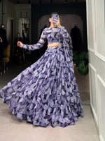 Load image into Gallery viewer, Light Blue Or Dark Blue Tabby Silk Dhavani Set , Langa Voni , Weddings Special Best Wear Collection Price and Online shopping Price Under 2500 . This Fabric So Heavy and Lehenga Tabby Silk Fair 5.5 Meter and Work Printed With Print , Dupatta Printed With Hotfix and 2.5 Meter , This Fabric Traditional Look For 2024-25 , 2025-26 .