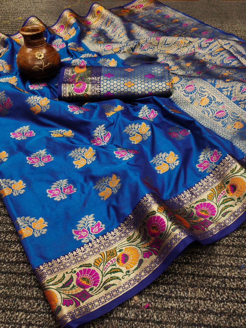 Blue Color Soft Silk Sarees With Price and Online Shopping Price Under 1500 . Baby Blue Designer Soft Silk Saree With weaving work and this fabric most famous and unique pattern . Rich Border and Heavy Blouse Zari Weaving Work Saree best Offers Price Under 1500 .