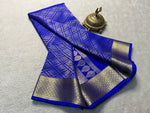 Load image into Gallery viewer, Pure Royal Blue Mysore silk sarees with price and online shopping price under 1500 . this saree mysore silk saree for weddings and  Gold fully zari weaving working all over saree most popular saree 2024-25 .