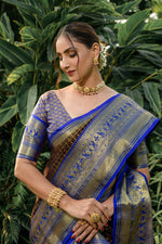 Load image into Gallery viewer, Blue Saree With Fully Golden Zari Weaving Saree Kanchipuram Handloom Pattu Weaving Silk Saree  For Designer fancy Most Fashion Designer Look and popular , smooth and Famous Fabric in Under 1999