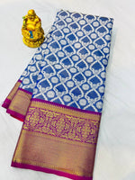 Load image into Gallery viewer, Kanchipuram Handloom Tissue Weaving Silk With Price and Rajavadi Pattern Fully Blue and White Color . This Fabric Smooth and  Heavy Fabric Of Under 1999