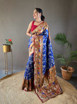 Load image into Gallery viewer, Blue Paithani Weaving Saree For Weddings Best Price and Online Shopping Price Under 2500 . this Saree Rich and Premium Border Zari Weaving Work Heavy Paithani Weaving Work and Red Blouse With Blue Saree Paithani Weaving . THis Traditional Woman Look For 2024-25 , 2025-26 .