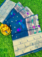 Load image into Gallery viewer, This beautiful Soft Silk Saree in an elegant Blue combines traditional craftsmanship with modern comfort. Available at just ₹2000, this saree features lightweight silk fabric, intricate zari work, and timeless patterns. Perfect for weddings, parties, and festivals.