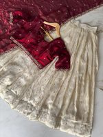 Load image into Gallery viewer, Elegant tissue silk half-saree set with stitched gold zari lehanga (3.5m), unstitched embroidered blouse fabric (0.8m), and decorative voni (2.3m) featuring cut work border.