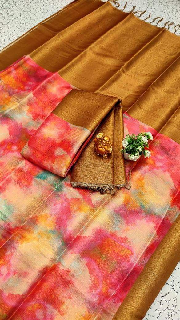 Bronze Color Softy Silk Sarees With Price and Online Shopping Price Under 1500 . this Fabric Bronze Color Best Rich Fabric And Digital Printed With Zari Weaving Work.