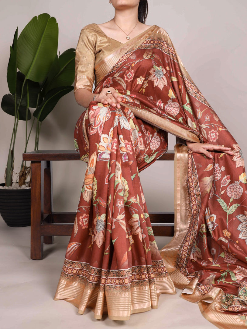 Brown Tussar Silk Saree , Earthy Tone Silk Saree Online , Elegant Brown Printed Saree , Brown Saree for Festive Wear , Traditional Brown Saree with Viscose Border .