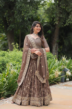 Load image into Gallery viewer, Brown Color Faux Blooming Fabric Langa Voni , Davani Set , Half-Saree and Dhavani Sets With Price and Online Shopping Price Under 3000 . this Fabric Brown Color Dhavani Set Fine Color and Heavy Lehenga Best Weddings Wear Collection , Traditional Look For 2024-25 , 2025-26 .