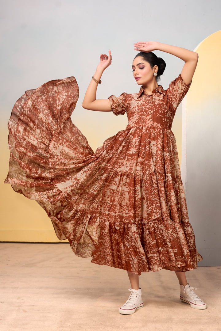 Brown Tabby Silk Dresses With Price and Online Shopping Price Under 1500 . Shop this stylish Tabby Silk frock with printed design, 7.5-meter flair, and full micro cotton lining. Adjustable chest up to 42 inches for perfect comfort . Traditional look for 2025-26 .