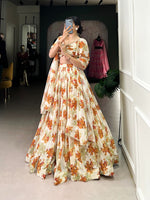 Load image into Gallery viewer, Cream Color Georgette Dhavani Set , Langa Voni , Half-Saree and Langa Davani Set Price and Online Shopping Price Under 2000 , this Fabric So Heavy and Cream Color Rare Case Using Lehenga Floral Print , Blouse Printed and and Dupatta Floral Print With Lace Touch Up , Traditional Look For 2024-25 , 2025-26 .