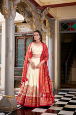 Load image into Gallery viewer, Cream lehenga choli for haldi and festive wear , Cream lehenga set with elegant ethnic print , Beautiful cream lehenga for traditional occasions , Soft silk cream lehenga with stylish blouse piece , Cream lehenga set under ₹2000 for elegant look .