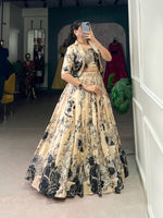 Load image into Gallery viewer, Cream Tussar Silk Langa Voni , Davani Set , Half-Saree and Dhavani Set Price and Online Shopping Price Under 2000 . This Fabric Tussar Silk Langa Voni Best For Weddings Wear Collection and Kotti Fully Floral Print With Lace Touch Up Work and Blouse Floral Print , Traditional Look For 2024-25 , 2025-26 .