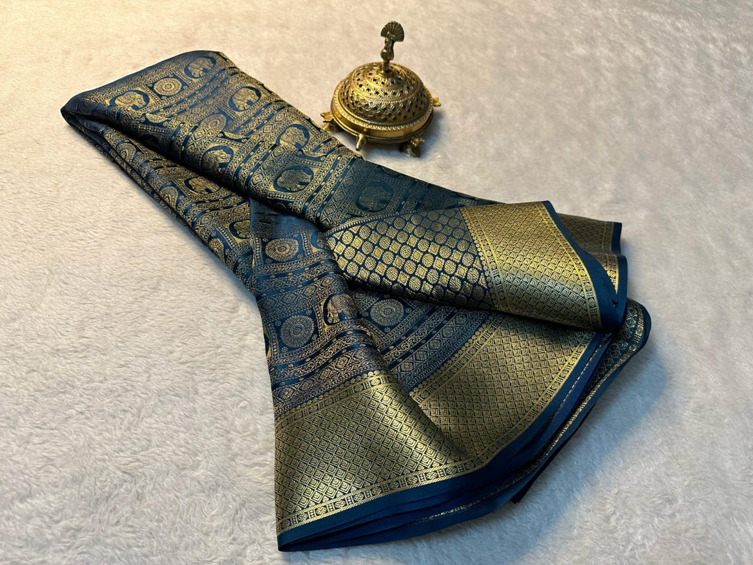 Navy Blue Mysore silk party wear saree , Blue color saree with rich zari border , Vibrant blue silk saree design , Blue Mysore traditional saree , Blue soft silk saree for reception .