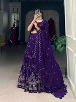 Load image into Gallery viewer, Dan Blue Or Dark Purple Georgette WIth Embroidery Work Dhavani Set , Langa Voni , Davani Set and Half-Sarees With Price and Online Best Choise Shopping Price Under 3000 . this Fabric Elegant georgette lehenga with sequins and thread embroidery. Includes matching dupatta and unstitched blouse. Fully stitched with canvas and can-can for a regal look.