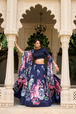 Load image into Gallery viewer, Dan Blue Tussar Silk Dhavani Set | Langa Voni | Half-Saree With Price and Online Shopping Price Under 2000 . Floral charm meets luxury with this Tussar Silk Lehenga Set. Stitched lehenga with can-can, micro cotton lining, unstitched blouse, and a tassel-adorned dupatta make it the perfect festive wear .