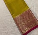 Load image into Gallery viewer, Mustard Yellow Semi-Mysore Silk Saree price with Golden Zari Weaving And Border Red pattu And Gold Zari . Pure Semi-Mysore Silk Saree Tradition Of Karnataka . Mainly manufacturing Of this Type Of Pure Mysore Silk Saree In Mysore District In Karnataka , India.