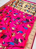 Load image into Gallery viewer, this enchanting Dark pink soft silk sarees price under 3000 this fabric Dark pink soft silk sarees for weddings , a harmonious blend of tradition and modern style. Made from premium soft silk fabric, this saree is lightweight, smooth, and drapes beautifully, making it the perfect choice for weddings, festivals, and special occasions.