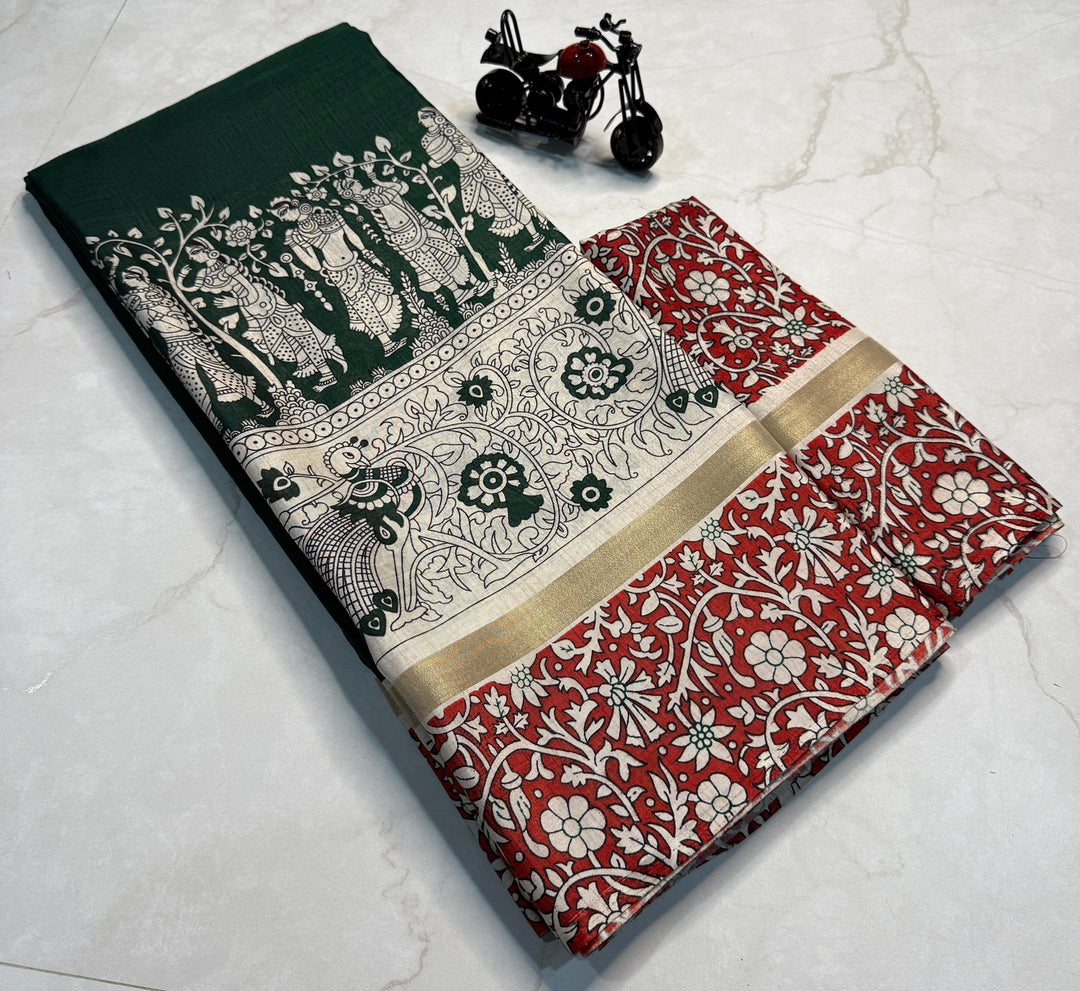 Dark Green With Red Fully Border Zari Weaving Work Mul Mul Cotton Sarees With Price Under 1000 .This Fabric Fully Cold and Flowers Design  With Gold Zari Weaving Work . This Fabric Saree RIch Pallu Created Pallu Weaving zari Work . Traditional Wear Collection and Weddings Wear Collection Best For Offer In Under 1000 .