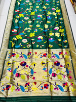 Load image into Gallery viewer, This green color saree soft silk sarees with price and this fabric most useful zari weaving saree and this saree peacock  design most unique and this saree soft silk for wedding wear collection. this Saree price of under 3000 .