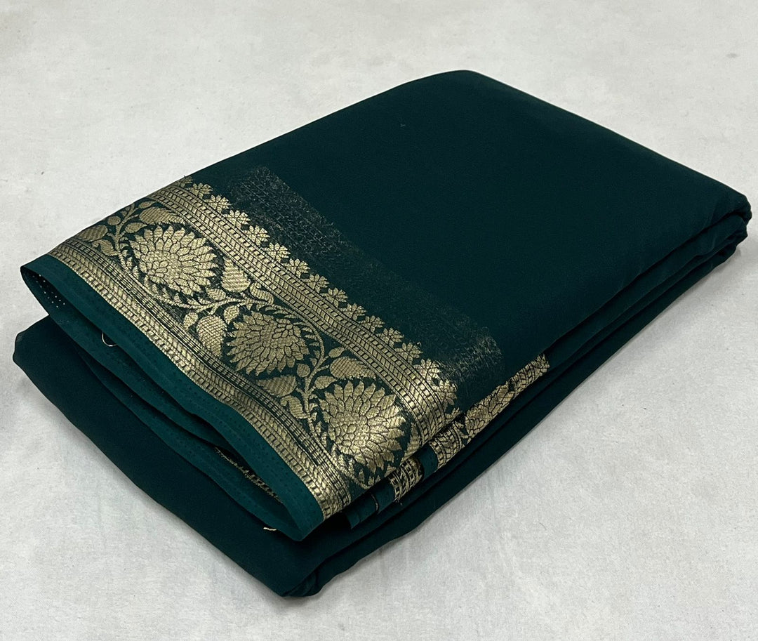 Elegant Dark Green Viscose Silk Saree featuring zari weaving, 6.3 meters in length. Includes matching blouse piece. Machine washable - Shop Now Shoppers Trend