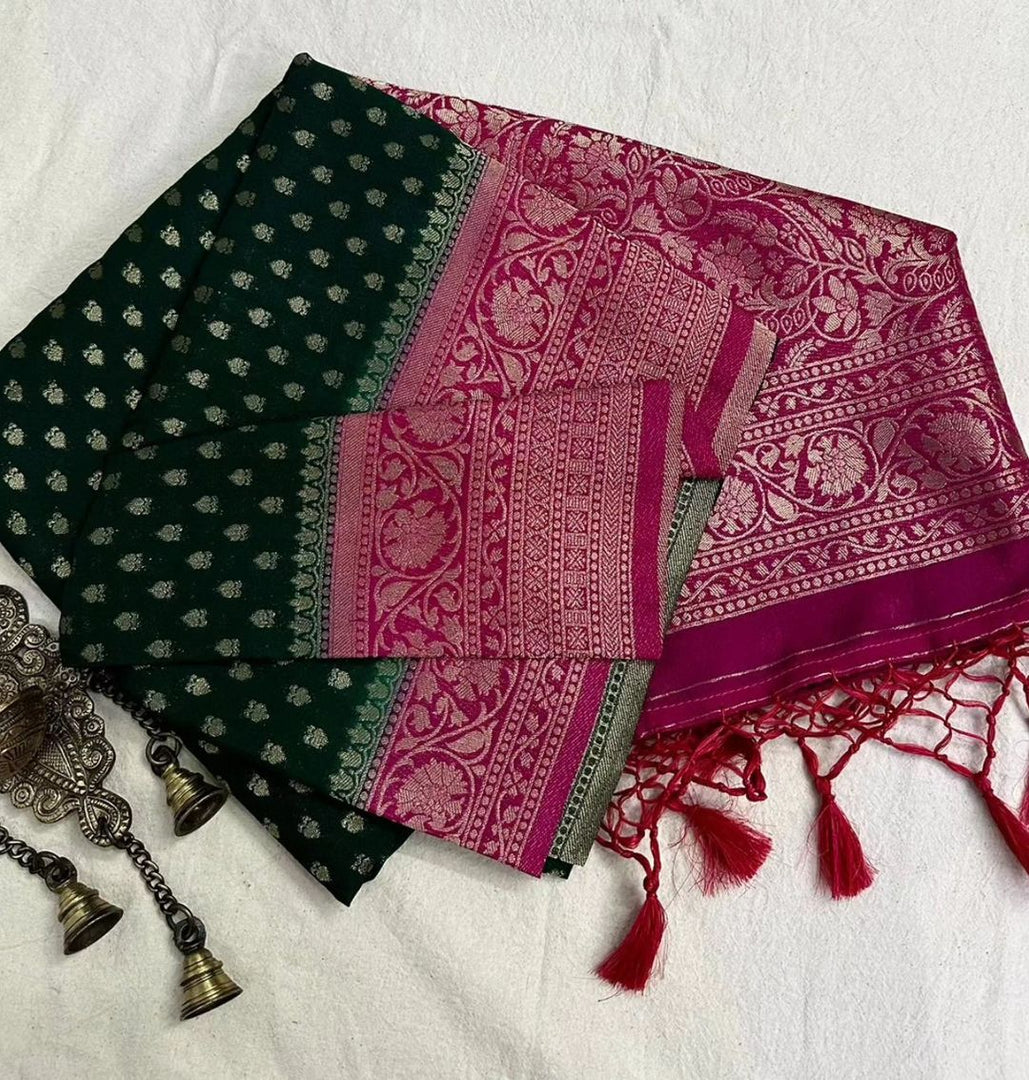 Dark Green with Rani Border Silver Zari Weaving Work Premium Viscose Silk Saree with traditional Zari weaving. Complete 6.3m set includes matching blouse piece. Machine washable for convenience.