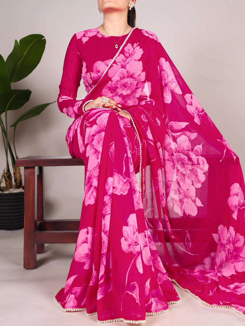 Dark Pink Or Rani Pink Color Chiffon Sarees With Price and Online Shopping Price Under 1500. this Fabric Dark Pink Or Rani Pink  Color Chiffon Saree Best For Wedding Price Under 1500.  this Fabric Dark Pink Chiffon Fabric Rnai Color Saree with Pearl Lace Border Border and this Traditional Look a For Saree 2024-25 , 2025-26 .