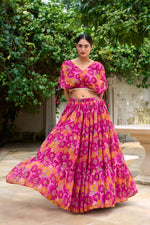 Load image into Gallery viewer, Shop dark pink floral lehenga for parties and weddings , Charming dark pink lehenga with modern ethnic touch , Luxurious 9-meter flair dark pink lehenga for grand events , Floral printed dark pink lehenga with comfort cotton inner , Embellished dark pink lehenga set with classic detailing ,