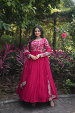 Load image into Gallery viewer, Dark Pink Faux Blooming & Viscose Dyable Jacquard Anarkali With Price and Online Shopping Price Under 2000 . this Fabric Pure Soft and Heavy Jacquard Work and Sequins Work and Gown Round Neck and Lining Full Inner Top To Bottom Cotton With Fully Sleeve , Dupatta Faux Blooming With Sequins Embroidered Cut-Work . Traditional Look For 2024-25 , 2025-26 .