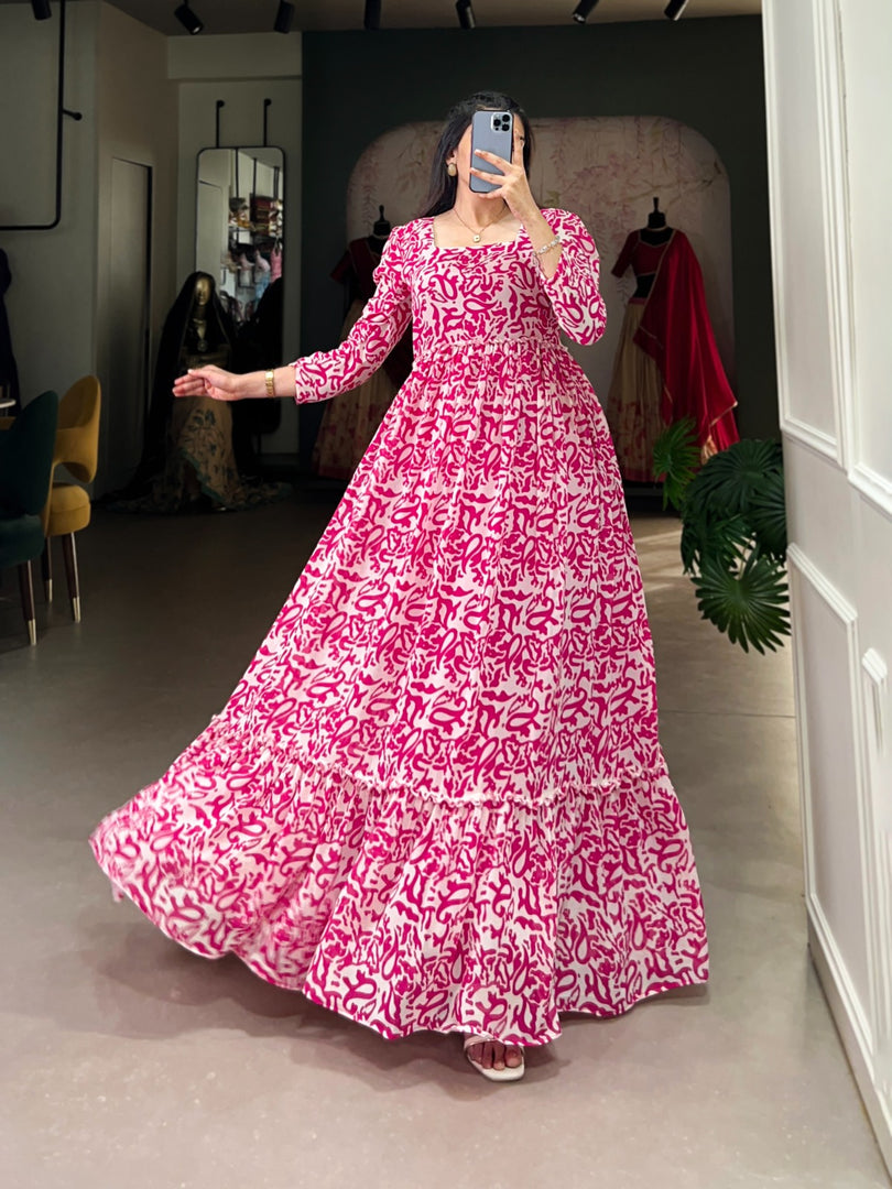Dark Pink Georgette Gown With Price and Online Shopping Price Under 1000 . Step out in style with this elegant Georgette Printed Gown. Featuring a flattering fit, cotton lining for comfort, and extra margin for size adjustments, it's perfect for festive or casual occasions .