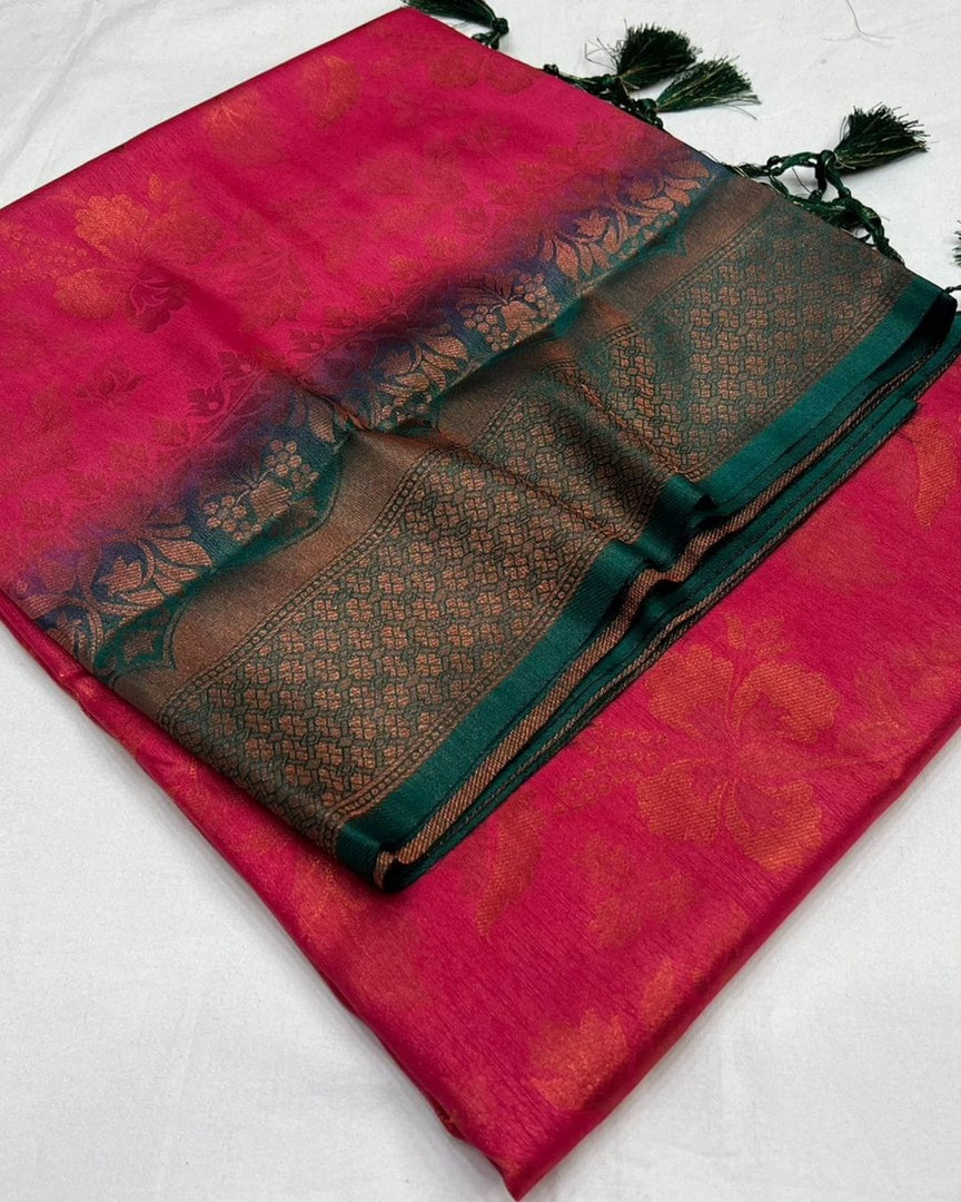 Dark Pink soft silk sarees for weddings and price and online shoping and this fabric smooth softness fabric .The first manufacturing of Soft Silk Sarees in India can be traced to Kanchipuram in Tamil Nadu , India .