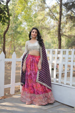 Load image into Gallery viewer, Dark Pink With White and Dark Rani Faux Georgette Dhavani Set , Langa Voni , Davani Set and Half-Saree With Price and Online Shopping Price Under 3000 . Full-stitched lehenga with digital print, cotton inner, and 3.5-meter flair. Paired with an unstitched blouse and embroidered dupatta for a complete look.