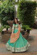 Load image into Gallery viewer, Dark Pista Cosmos Jacquard Dhavani Set , Davani Set , Half-Saree and Langa Voni With Price and Online Shopping Enhance your festive wardrobe with the Cosmos Jacquard Meena Weaving Lehenga Set. Featuring a stitched lehenga with can , a Russian silk embroidered dupatta, and unstitched blouse, available in Lavender and Pista hues.