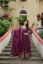 Load image into Gallery viewer, Dark Rani Chinon Kurti With Price and Online Shopping Price Under 2000 . this Fabric Upgrade your wardrobe with this stunning Kurti, Sharara, and Dupatta set. Made with Chinon fabric and rich sequins embroidery, featuring cotton lining, full sleeves, and a round neck. Perfect for festive occasions .