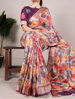 Load image into Gallery viewer, Experience grace and sophistication with this beautifully designed Tussar Silk With Viscose Border Saree. Featuring a delicate floral print and a luxurious viscose border, this saree is an ideal choice for festive occasions, office wear, and casual elegance
