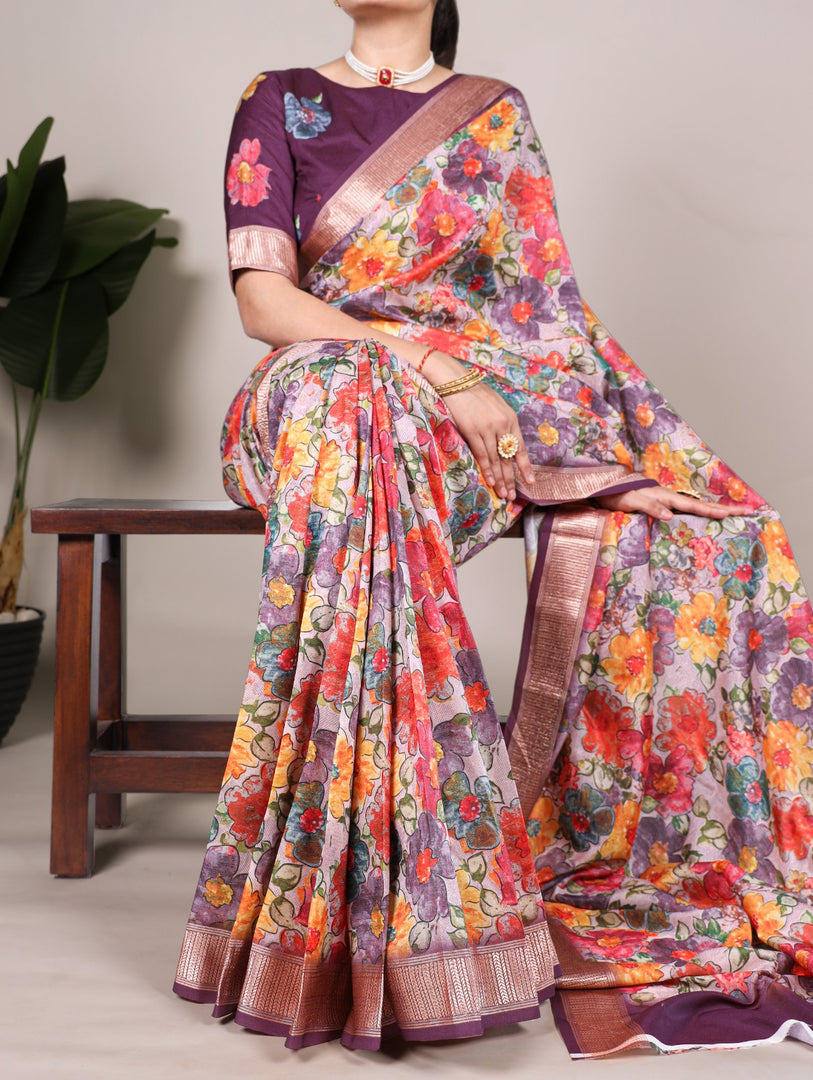 Experience grace and sophistication with this beautifully designed Tussar Silk With Viscose Border Saree. Featuring a delicate floral print and a luxurious viscose border, this saree is an ideal choice for festive occasions, office wear, and casual elegance