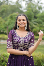 Load image into Gallery viewer, Dark Rani Faux Blooming Gowns Price and Online Shopping Price Under 1399 , Stunning dark rani gown with rich embroidery , 
Traditional faux blooming gown in dark rani tone , Ethnic dark rani gown with sequin zari work , Dark rani pink gown with cotton inner lining .