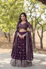 Load image into Gallery viewer, half saree set includes a fully stitched lehenga made from faux blooming fabric with heavy sequins and thread embroidery. The lehenga is 42 inches long with a 42-inch waist, cotton lining, and a 3.5-meter flair Lehenga choli .