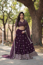 Load image into Gallery viewer, Dark Rani Faux Blooming With Heavy Sequins Dhavani Set , Langa Voni , Davani Set and Half-Saree With Price 2000 . This Fabric Rich Border Silver Zari Weaving Work and Blouse Most Beautiful Crafted and Faux Blooming with Sequins dupatta with tassels, and an unstitched blouse, this ensemble exudes elegance for any festive occasion.