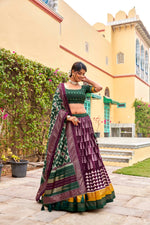 Load image into Gallery viewer, Dark Rani and Dark Green Tussar Silk Fabric Dhavani Set , Langa Voni , Half-Saree and Davani Set Price and Online Shopping Price Under 2500 . this Fabric So Heavy and Printed Work and Dark Green Blouse Printed White Butti , This Fabric Heavy Butti Work , Traditional Look For 2024-25 , 2025-26 .